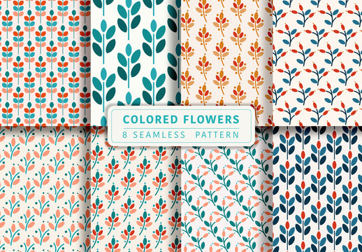Mockup of 8 customizable repeatable retro patterns, leaf and floral motifs