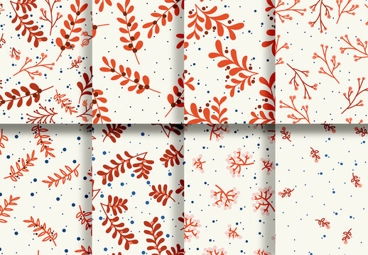 Mockup of 8 customizable repeatable patterns, red foliage motifs