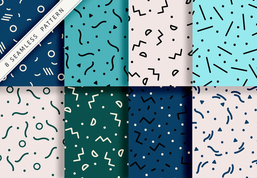 Mockup of 8 customizable repeatable patterns and shapes, blue tones