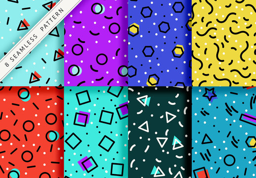 Mockup of 8 customizable repeatable bright funky graphic backgrounds