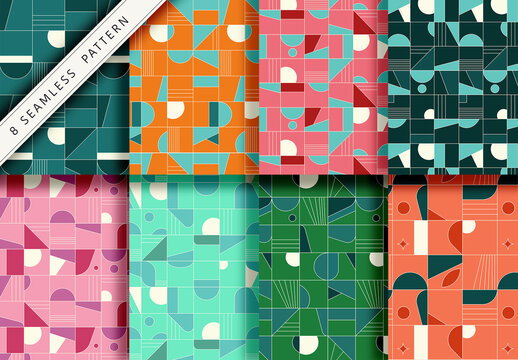 Mockup of 8 customizable repeatable retro geometric patterns