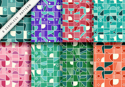 Mockup of 8 customizable repeatable retro detailed geometric patterns