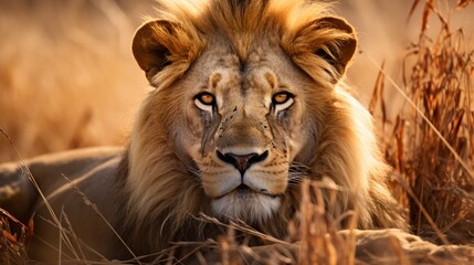 Obraz premium Close up of a fierce male lion staring intently from the tall golden grass for social media banners.