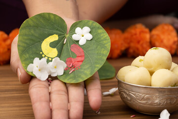 Indian festival Dussehra, sweets green apta leaf in hand or Bauhinia racemosa leaf