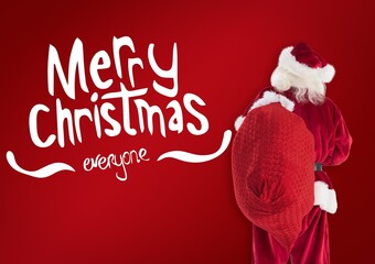 Composite of merry christmas everyone text and santa claus with red sack - Powered by Adobe