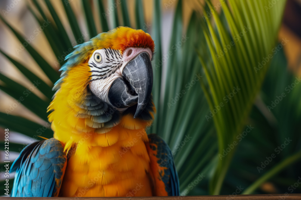 Poster tropical parrot with tinsel under palm tree background with empty space for text