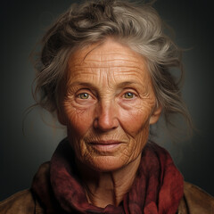 A portrait of an old woman with a wrinkled face, taken in a studio