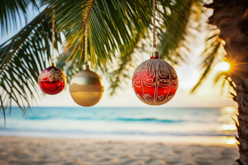 Christmas ornaments gleaming on palm trees along a serene tropical beach