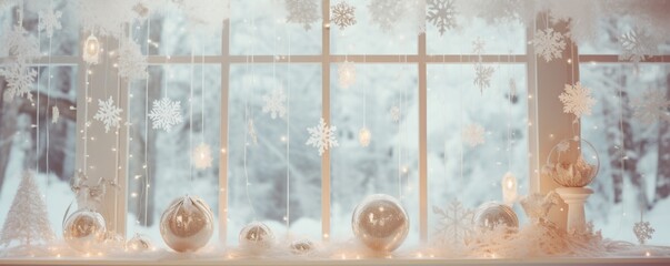 Xmas window decoration with snow outdoors. Celebrate festive concept.
