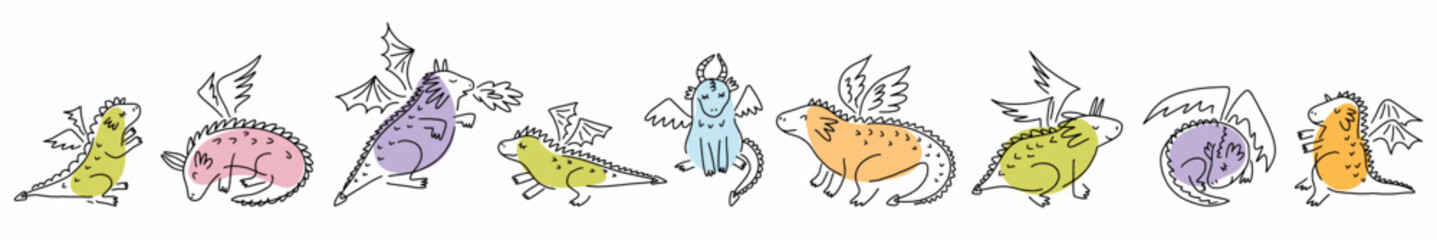 Vector collection of cute dragons hand-drawn in doodle style