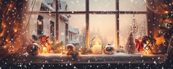 Obraz premium Xmas window decoration with snow outdoors. Celebrate festive concept.