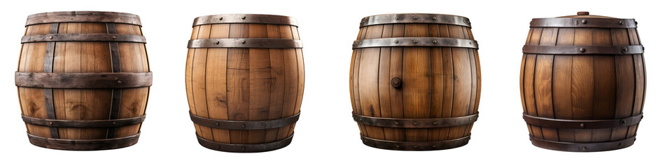 Fototapeta premium A Set of Old Wooden Barrels Isolated on a Transparent Background, Capturing the Essence of Rustic Nostalgia