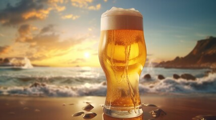 Realistic photo of a glass almost full of craft beer with foam flowing over the white glass. Spherical, curved, slender, golden-bronze color. There is a light on one side of a glass. In the morning, - obrazy, fototapety, plakaty