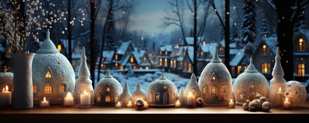 Xmas window decoration with snow outdoors. Celebrate festive concept.