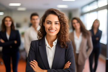 Leading with Confidence A Smiling, Attractive Professional Woman Strikes a Pose in Her Business Office, Surrounded by Her Coworkers and Employees in the Background