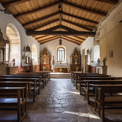 Fototapeta na wymiar Fictional Church, Interior of a Catholic Church Without People
