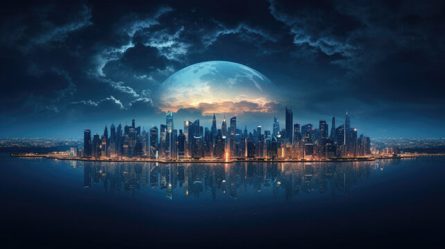 city landscape ,Panoramic view on planet Earth globe from space ,artwork graphic design illustration.