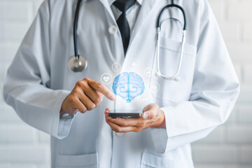 Future of Healthcare. Medical technology, Futuristic Ai icon medical AI technology Doctor holding virtual human brain and plus signs mental health idea creative intelligence thinking