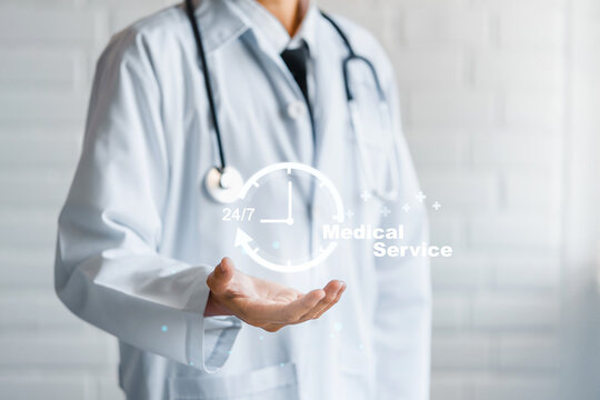 Doctor and 24-7 service for assistance patient accident or emergency, Medical call center service without interruption concept.