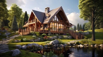 Big wooden house surrounded by nice nature