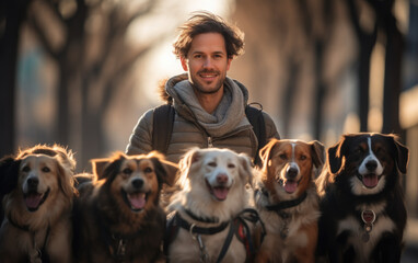 man with dog ,dog walker with group of puppy cute dogs enjoying in walk in the city, ,artwork graphic design illustration. - obrazy, fototapety, plakaty