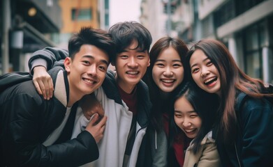 Obraz premium smiling group of asian friends being hugged in a city stock photo, in the style of depictions of urban life, consumer culture