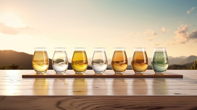 Sample design of a glass pouring white craft beer. Long, slender curved sphere, silver bronze, gold bronze, green bronze, blue bronze, beige, morning light, can shadow,