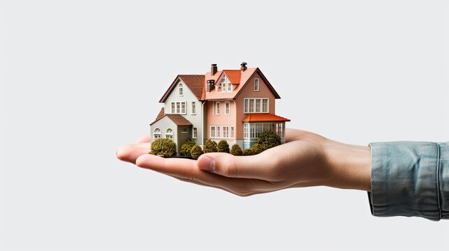 hand holding small house isolated on white background. insurance concept