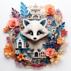 3d illustration of a raccon, surrounded by  leaves and flowers. Papercut