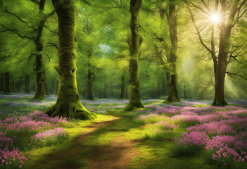 Naklejka premium Big trees and pink flower forest sun light