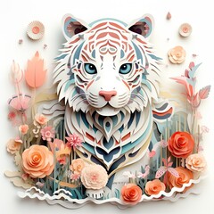 3d illustration of a tiger, surrounded by  leaves and flowers. Papercut