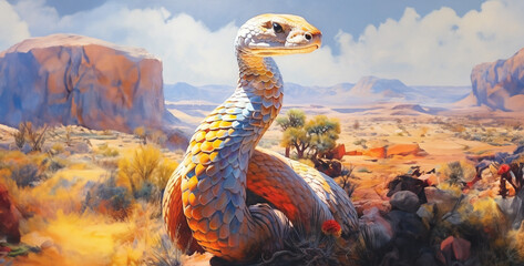 a attractive and spectacular noble cobra looking, desert mountain landscape. Generative Ai content wallpaper