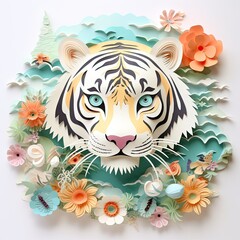 3d illustration of a tiger, surrounded by  leaves and flowers. Papercut