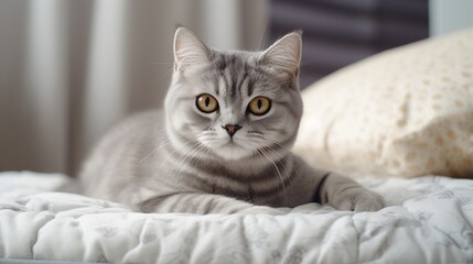 Bored cat relaxing on mattress, Gray cat do look tired
