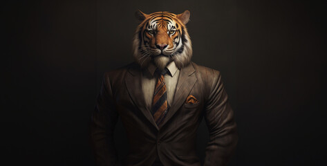 full view of a tiger wearing a suit bodybuilder, tiger in the dark. Generative Ai content wallpaper