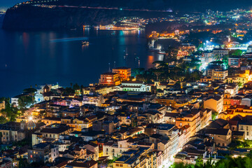 Panoramic view of Sorrento and the Bay of Naples in Italy at night