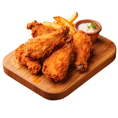 fried chicken on a wooden board isolated on a transparent background PNG