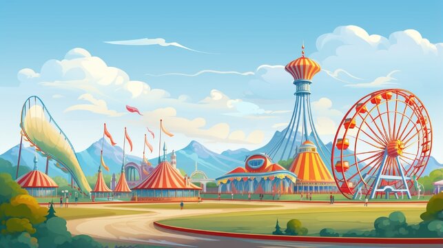 Cartoon amusement park with circus, carousels and roller coaster vector illustration Circus park and carousel cartoon fun, amusement and carnival