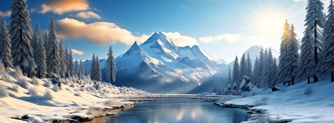 winter mountain landscape with stream at sunset, AI generated - obrazy, fototapety, plakaty