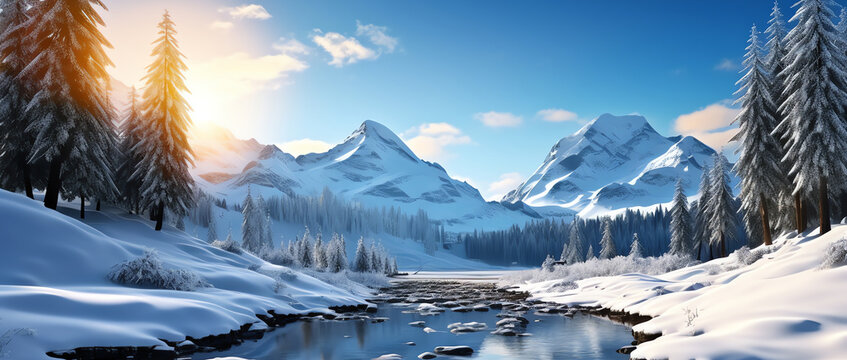 winter snowing mountain landscape with stream at sunrise, AI generated