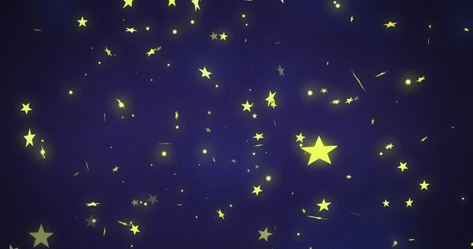 Glowing yellow christmas star lights moving across dark blue background