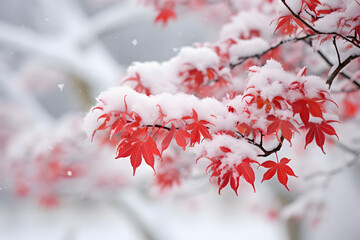 Red maple leaves in snowing in winter garden. Heavy snow is falling.
