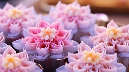 Obraz premium Chor Keaw Auspicious Thai dessert for wedding ceremony party and all Thai festival Flower-shaped Thai sweetmeat, selective focus