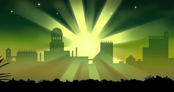 Animation of city and green shooting star on green background