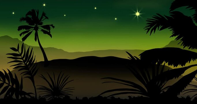 Animation of palm trees and stars on green background