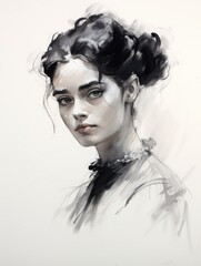 Fototapeta premium A black and white painting of a beautiful young woman with long, tied-back hair against a white background, perfect for classic, retro, and vintage-themed wall art or print media.
