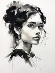 A black and white painting of a beautiful young woman with long, tied-back hair against a white background, perfect for classic, retro, and vintage-themed wall art or print media.