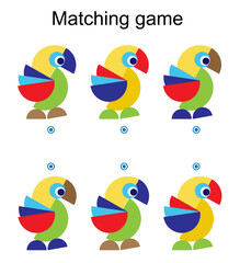 Obraz premium Matching game for children. Task for the development of attention and logic. Cartoon parrot.