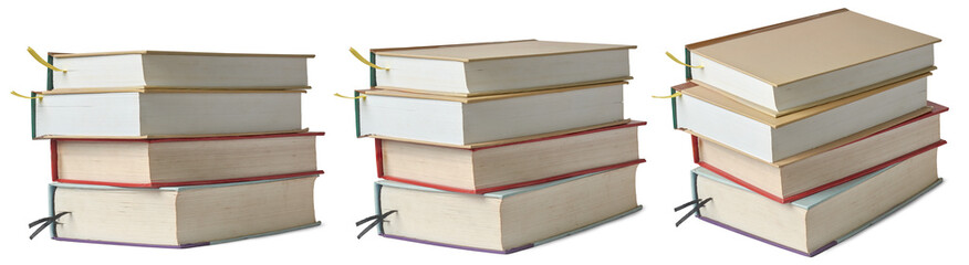 stack of old used books with bookmark ribbons isolated on white background, taken in different...
