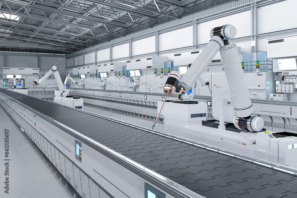Poster automation industry concept with robot assembly line in factory